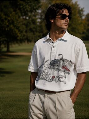 90’s Northern Elements White Golf Graphic Polo Shirt - Men's Casual Short Sleeve